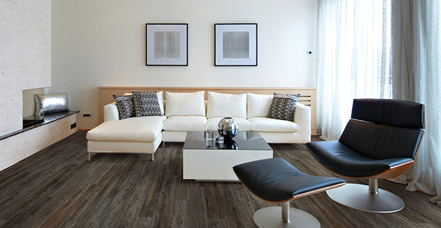 dark gray and brown vinyl wood-look floor in modern living room